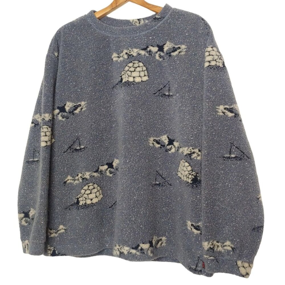 Vintage Woolrich Womens XL Fleece Shirt Blue Igloo Ice Fishing Sweatshirt USA